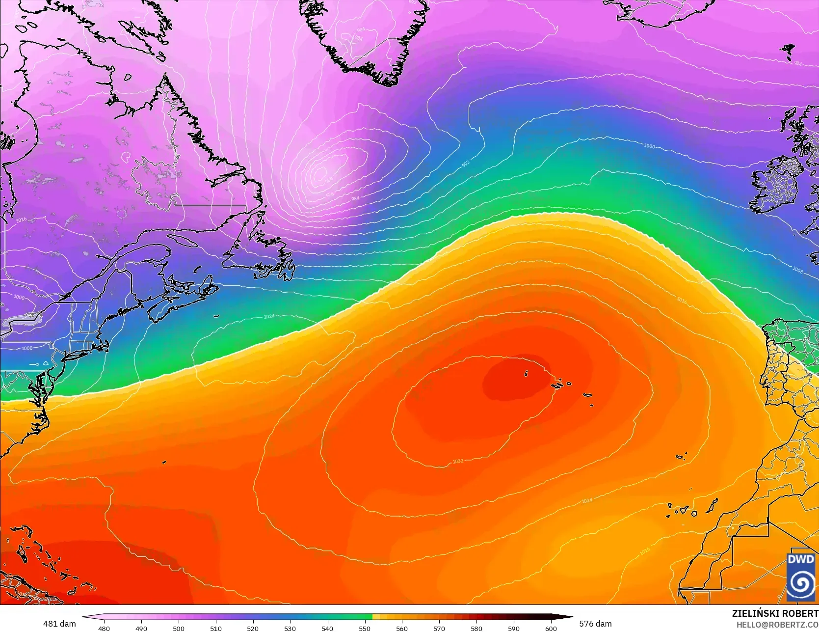 ICON model - North Atlantic, Geopotential height at 500hPa