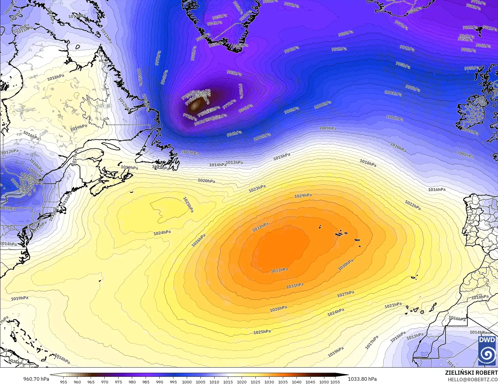 ICON model - North Atlantic, Pressure
