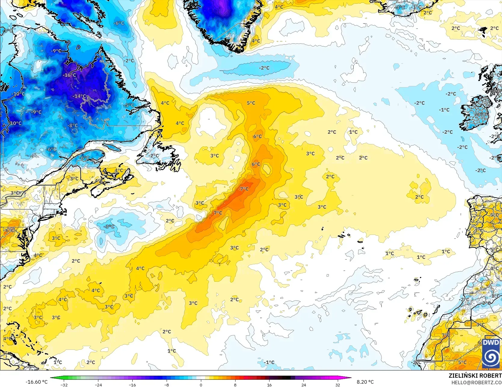ICON model - North Atlantic, Temperature at 2m Anomaly