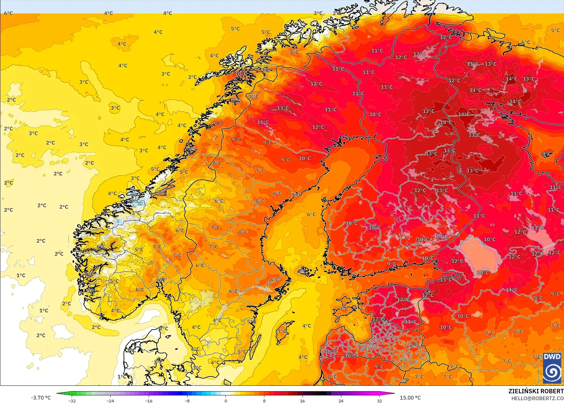 ICON model - Scandinavia, Temperature at 2m Anomaly
