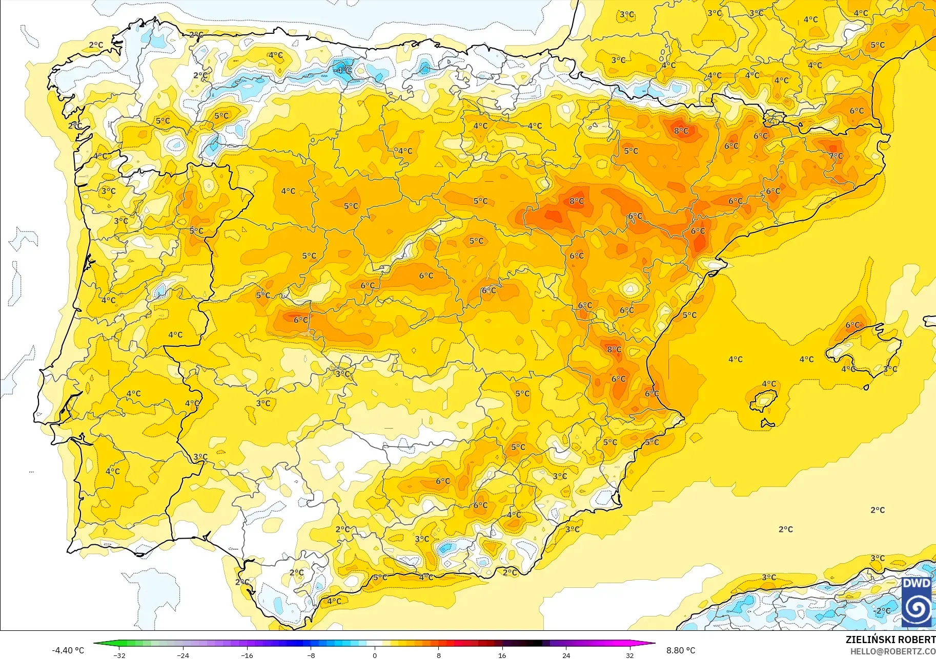 ICON model - Spain, Temperature at 2m Anomaly