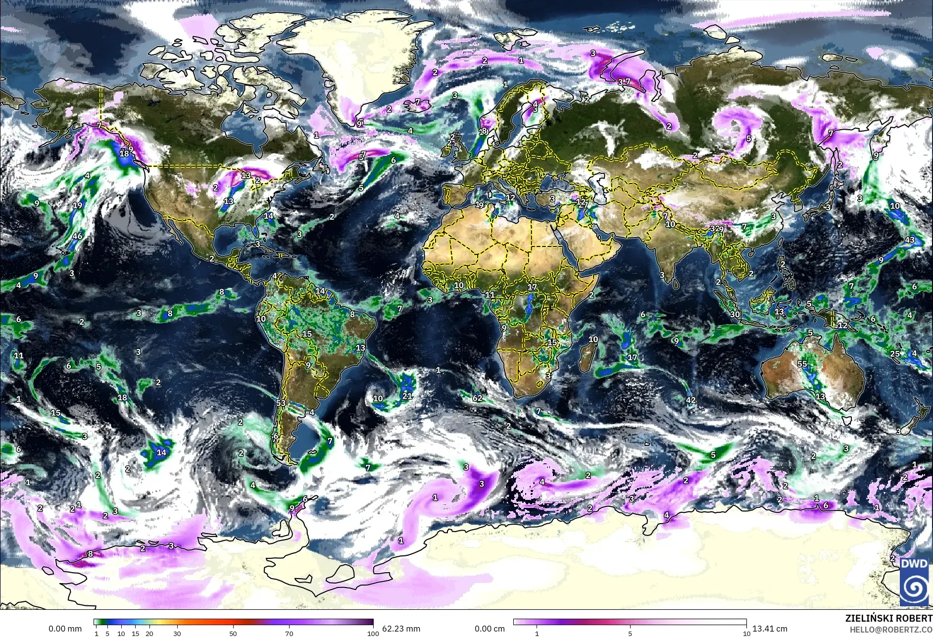 ICON model - World, Precipitation, Clouds, and Pressure