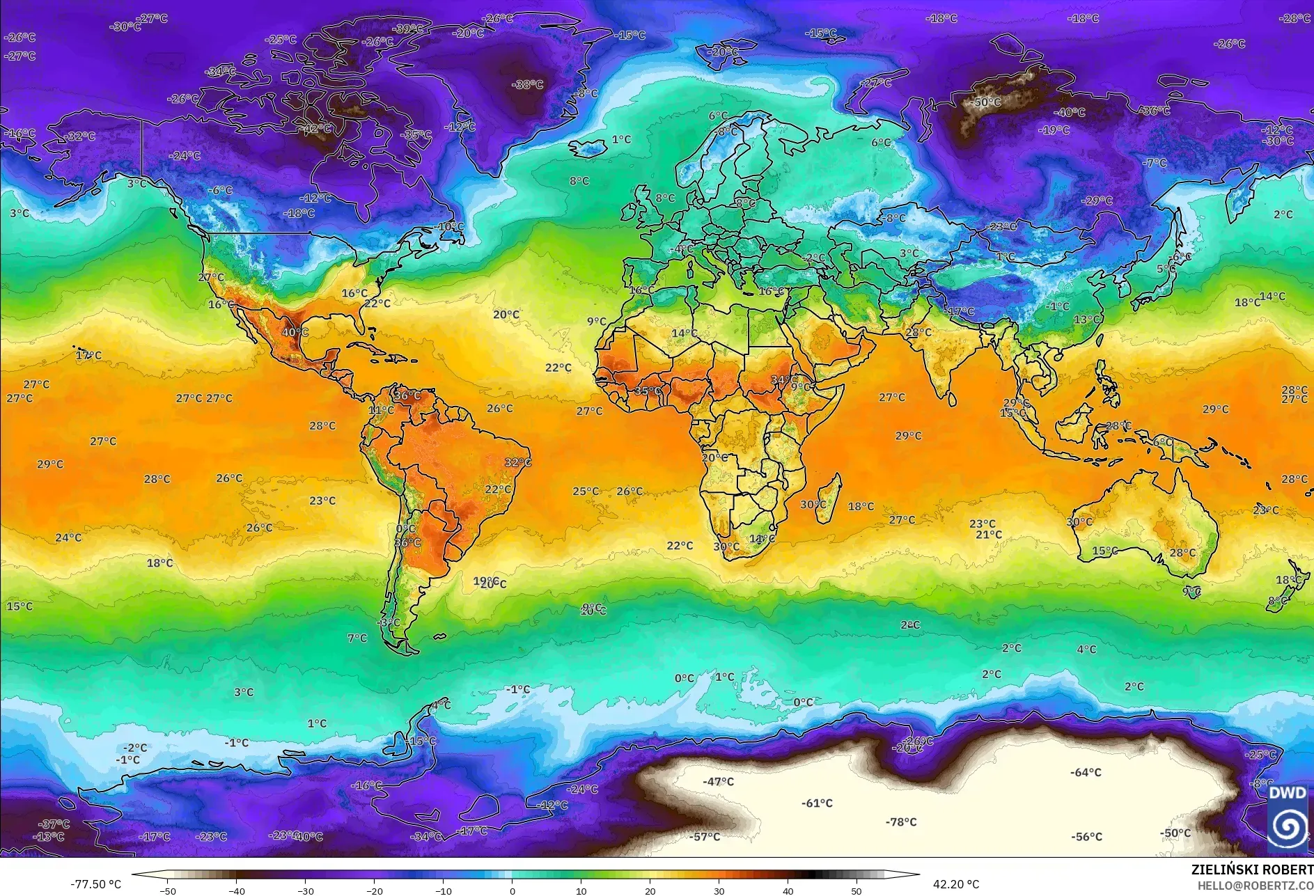 ICON model - World, Temperature at 2m