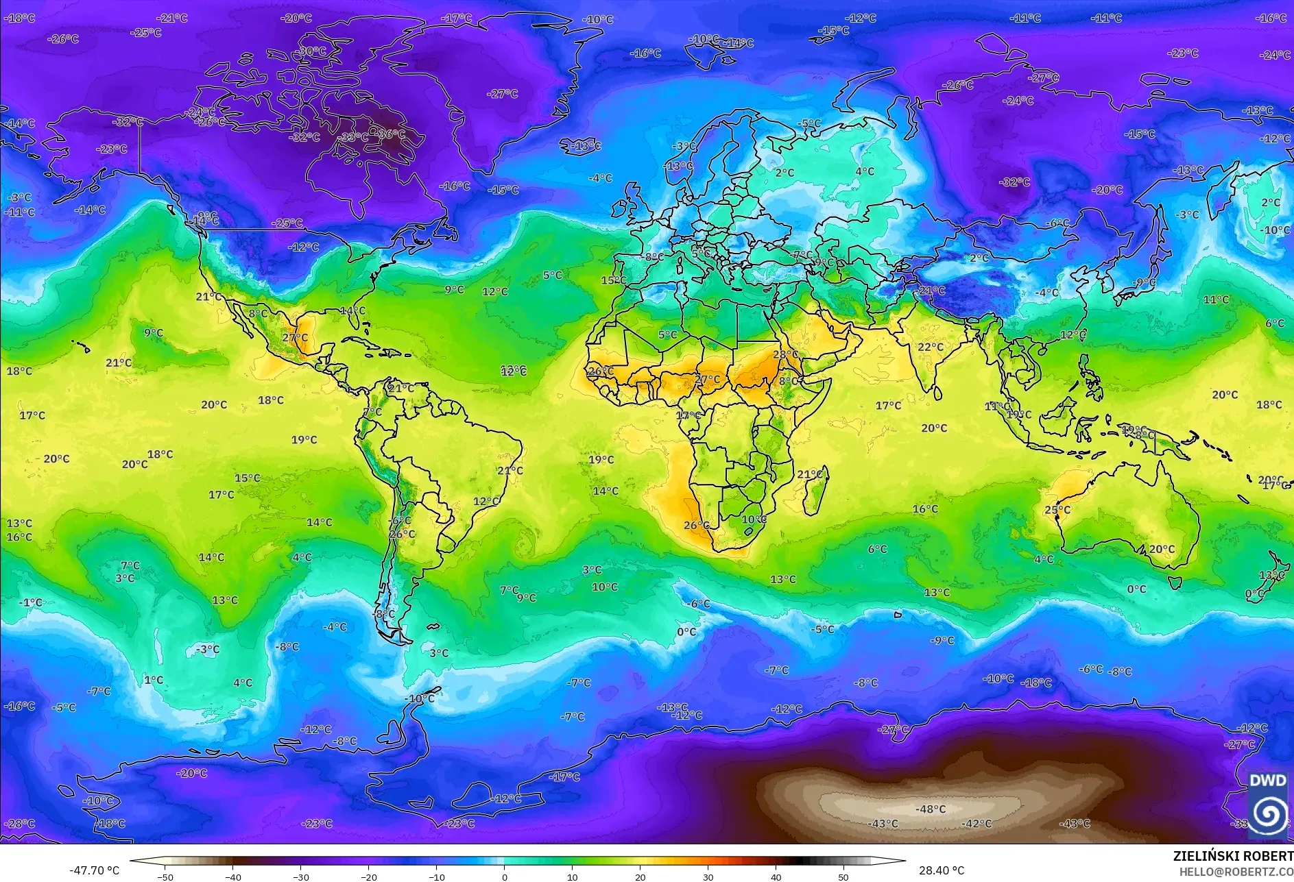 ICON model - World, Temperature at 850hPa