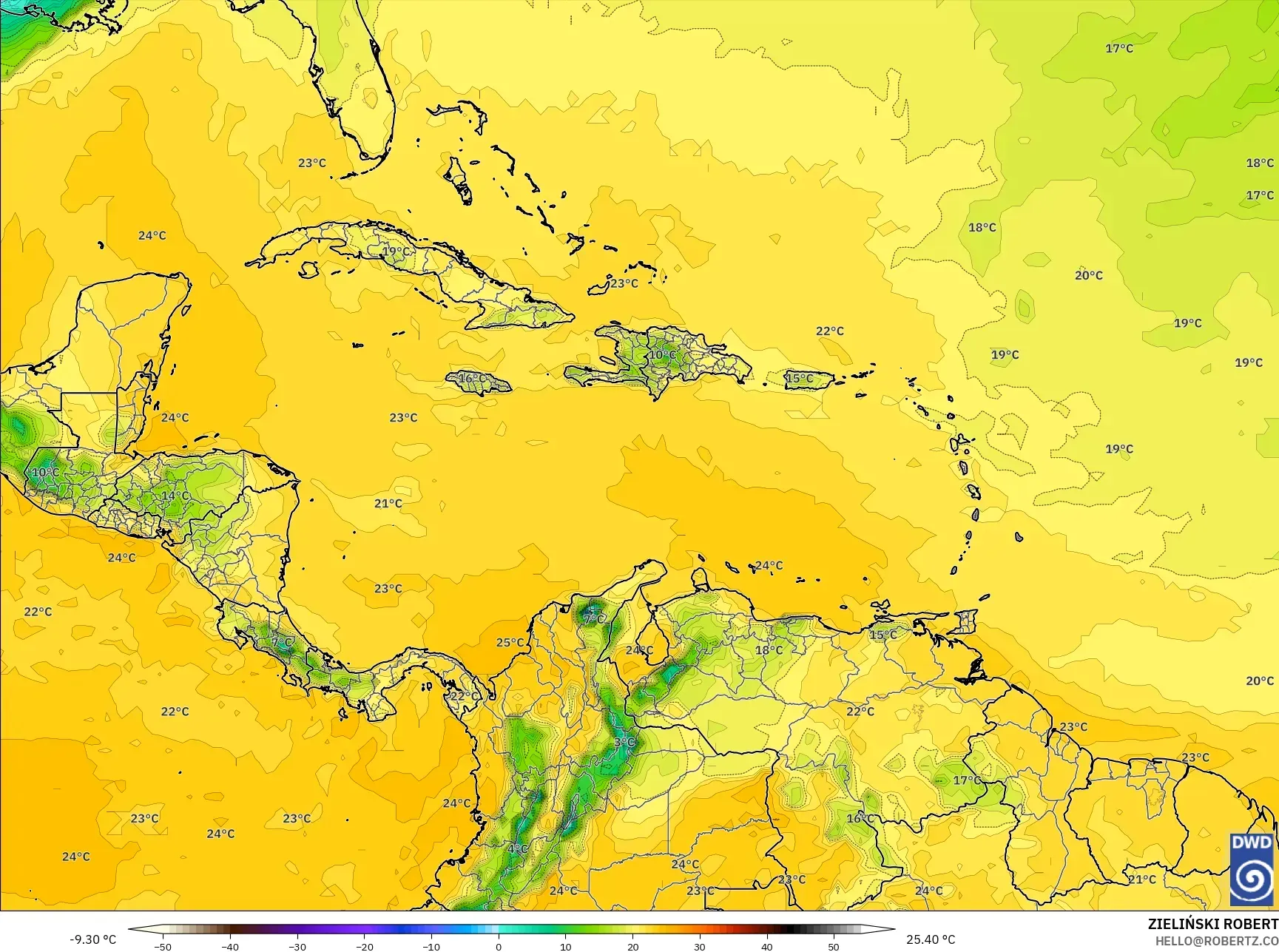 ICON model - Caribbean, Dewpoint at 2m