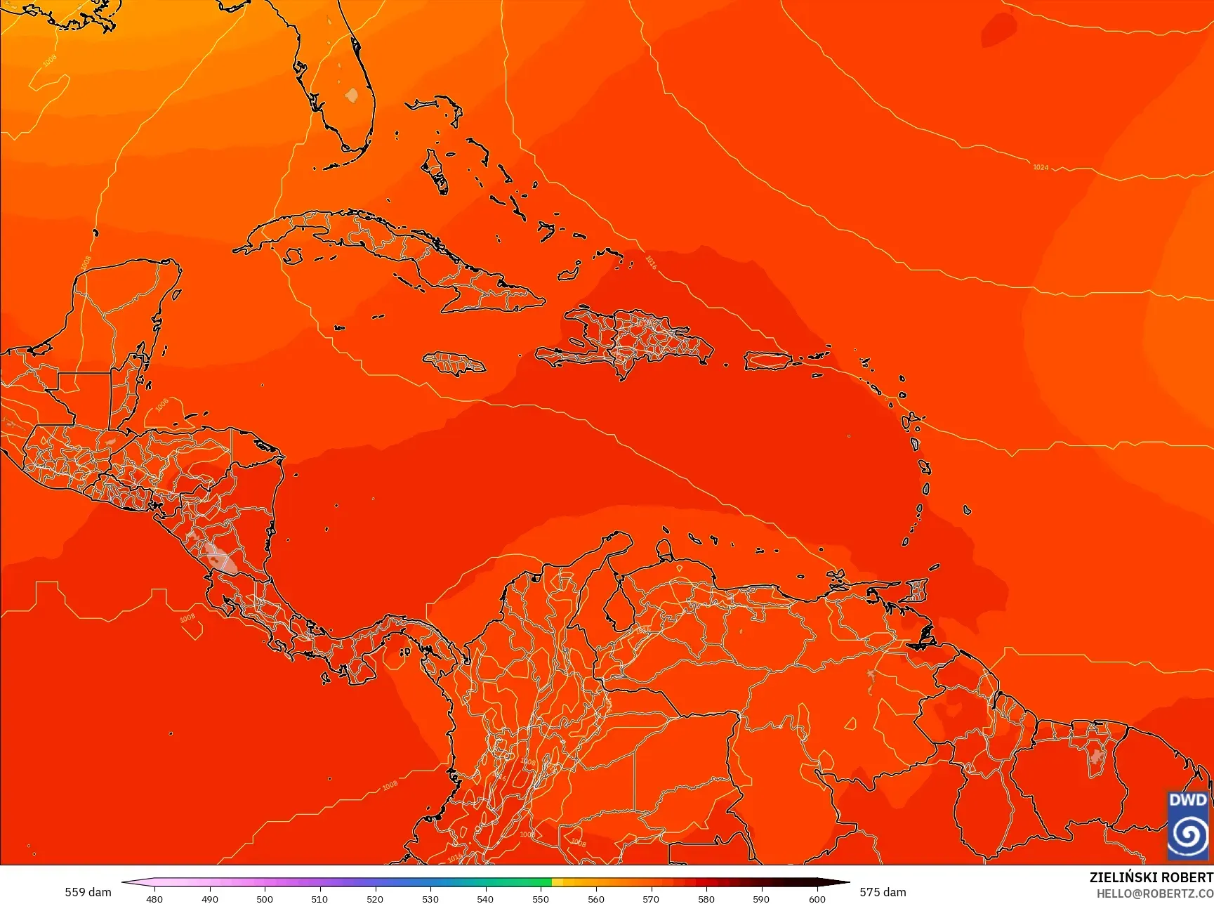 ICON model - Caribbean, Geopotential height at 500hPa