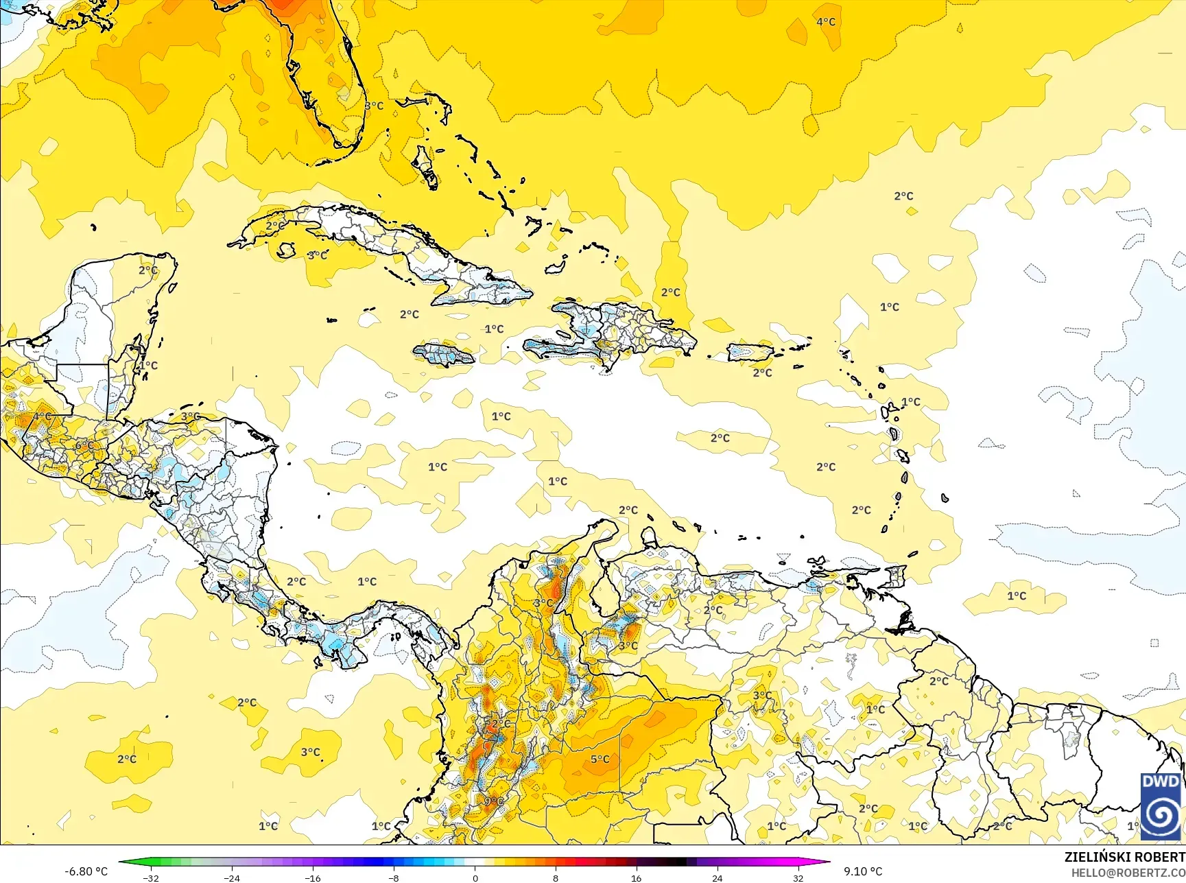 ICON model - Caribbean, Temperature at 2m Anomaly