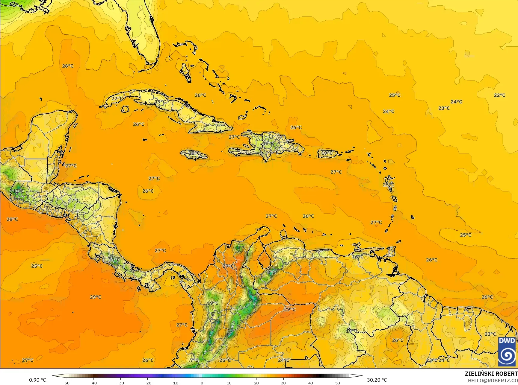 ICON model - Caribbean, Temperature at 2m