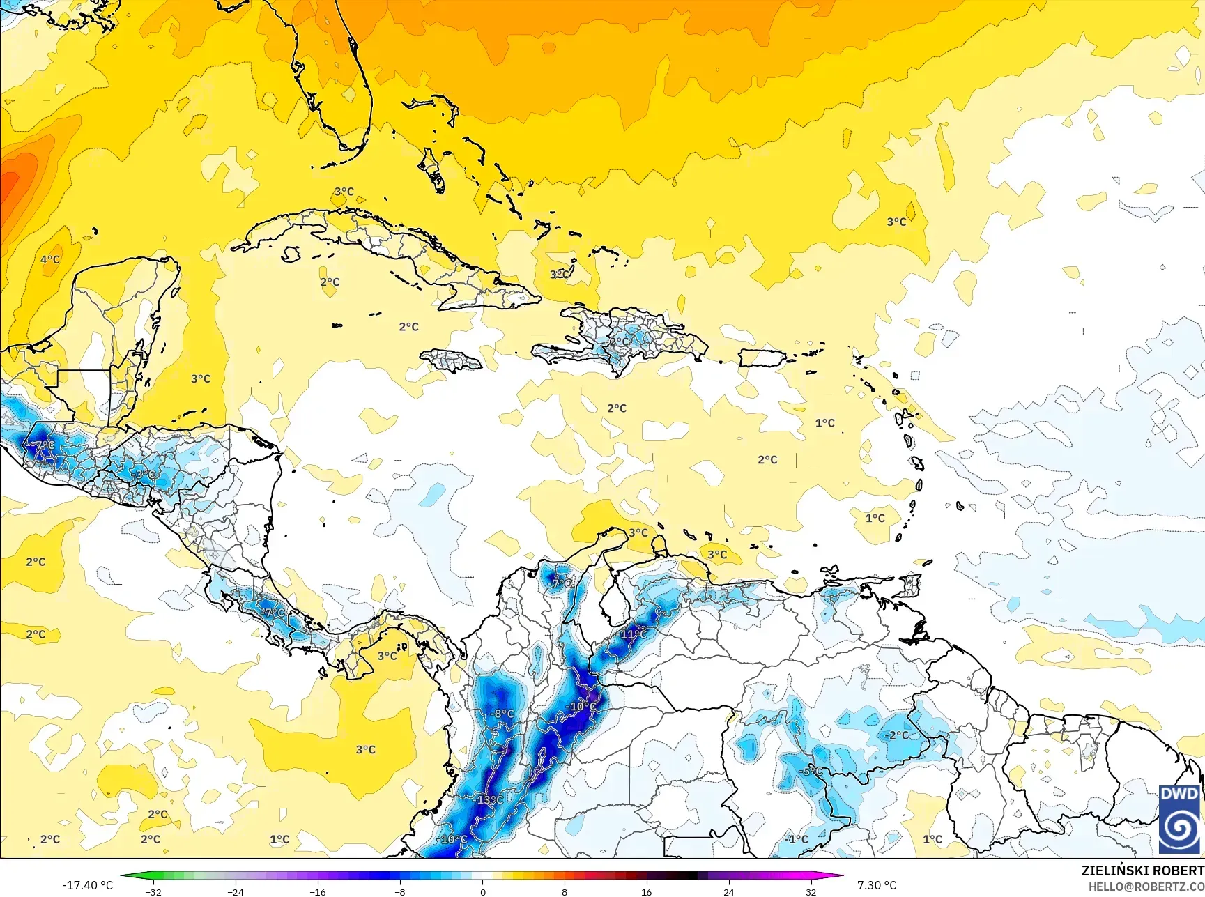 ICON model - Caribbean, Temperature at 850hPa Anomaly