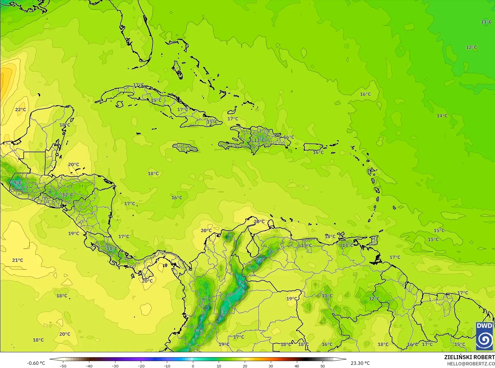 ICON model - Caribbean, Temperature at 850hPa