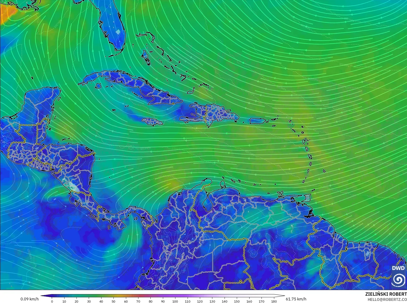 ICON model - Caribbean, Wind at 10m