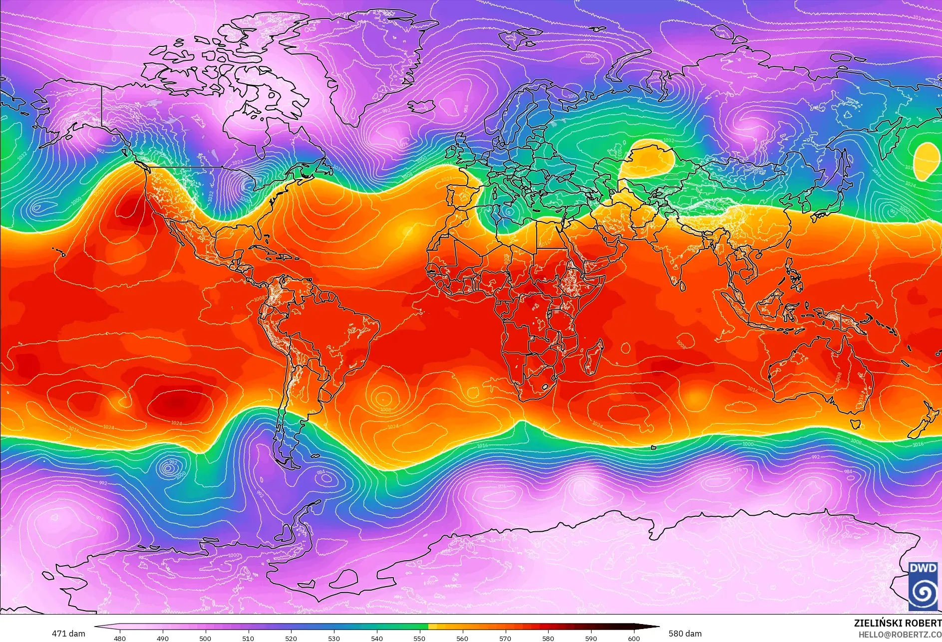 ICON model - World, Geopotential height at 500hPa
