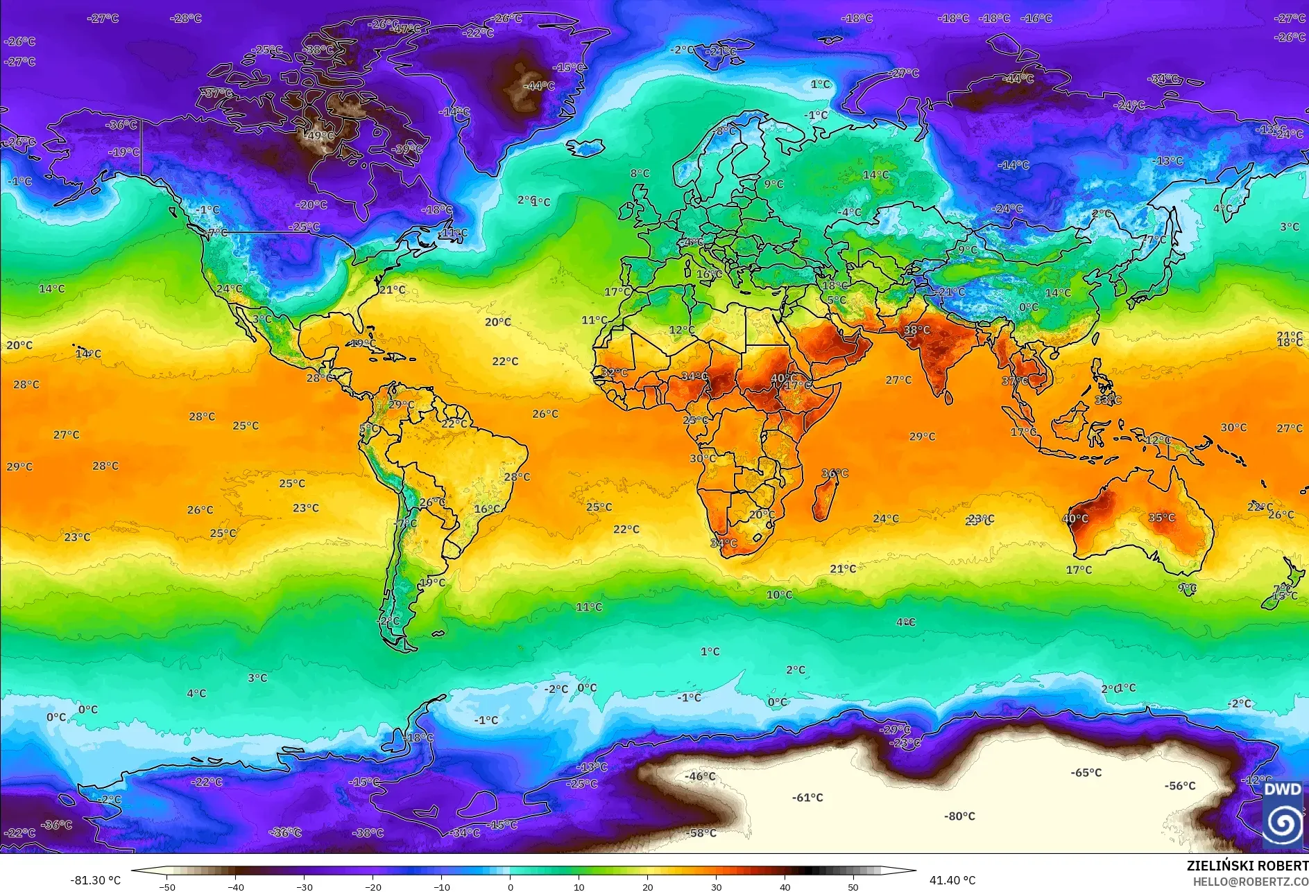 ICON model - World, Temperature at 2m