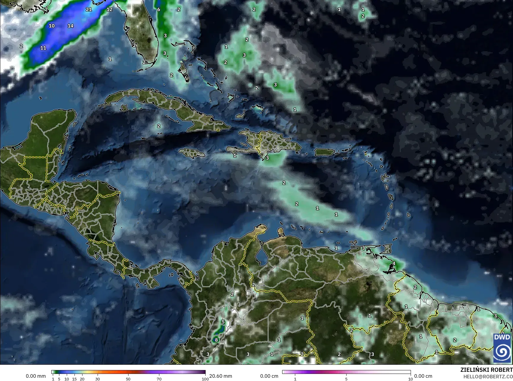 ICON model - Caribbean, Precipitation, Clouds, and Pressure