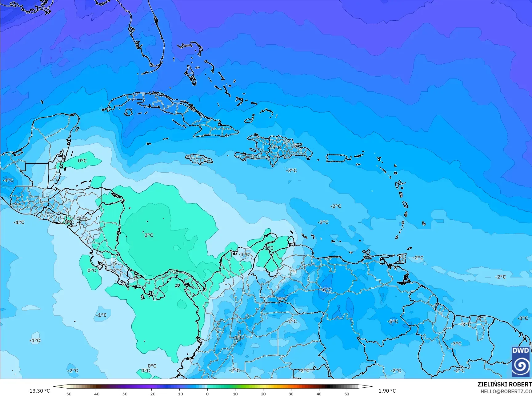 ICON model - Caribbean, Temperature at 500hPa