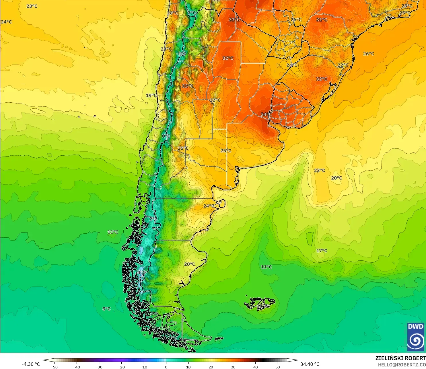 ICON model - Argentina, Temperature at 2m