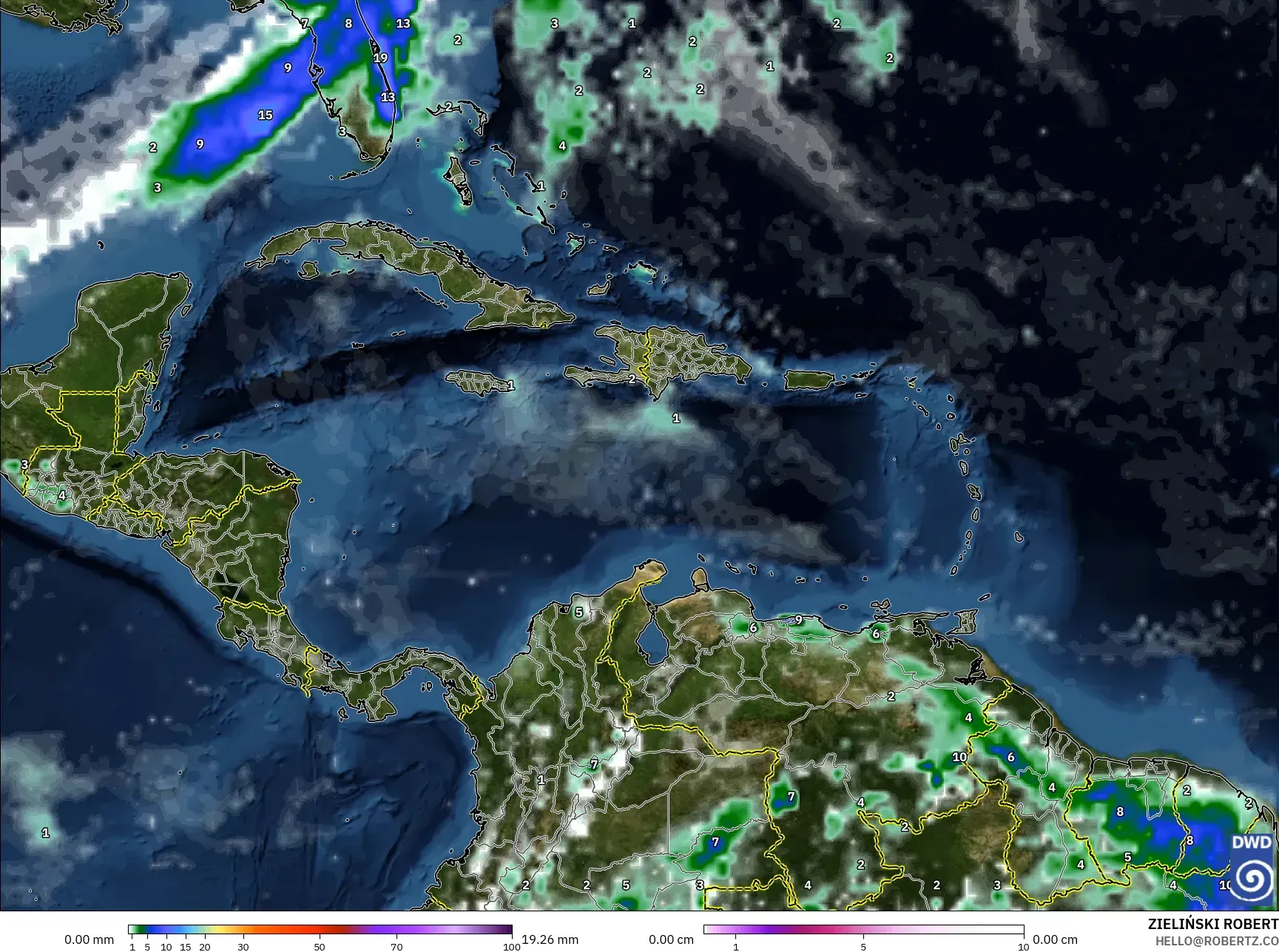 ICON model - Caribbean, Precipitation, Clouds, and Pressure