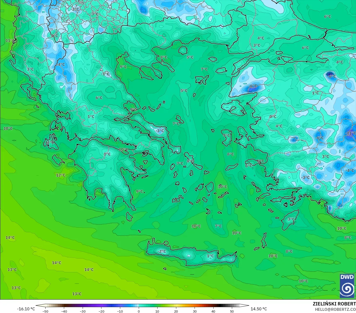 ICON model - Greece, Dewpoint at 2m