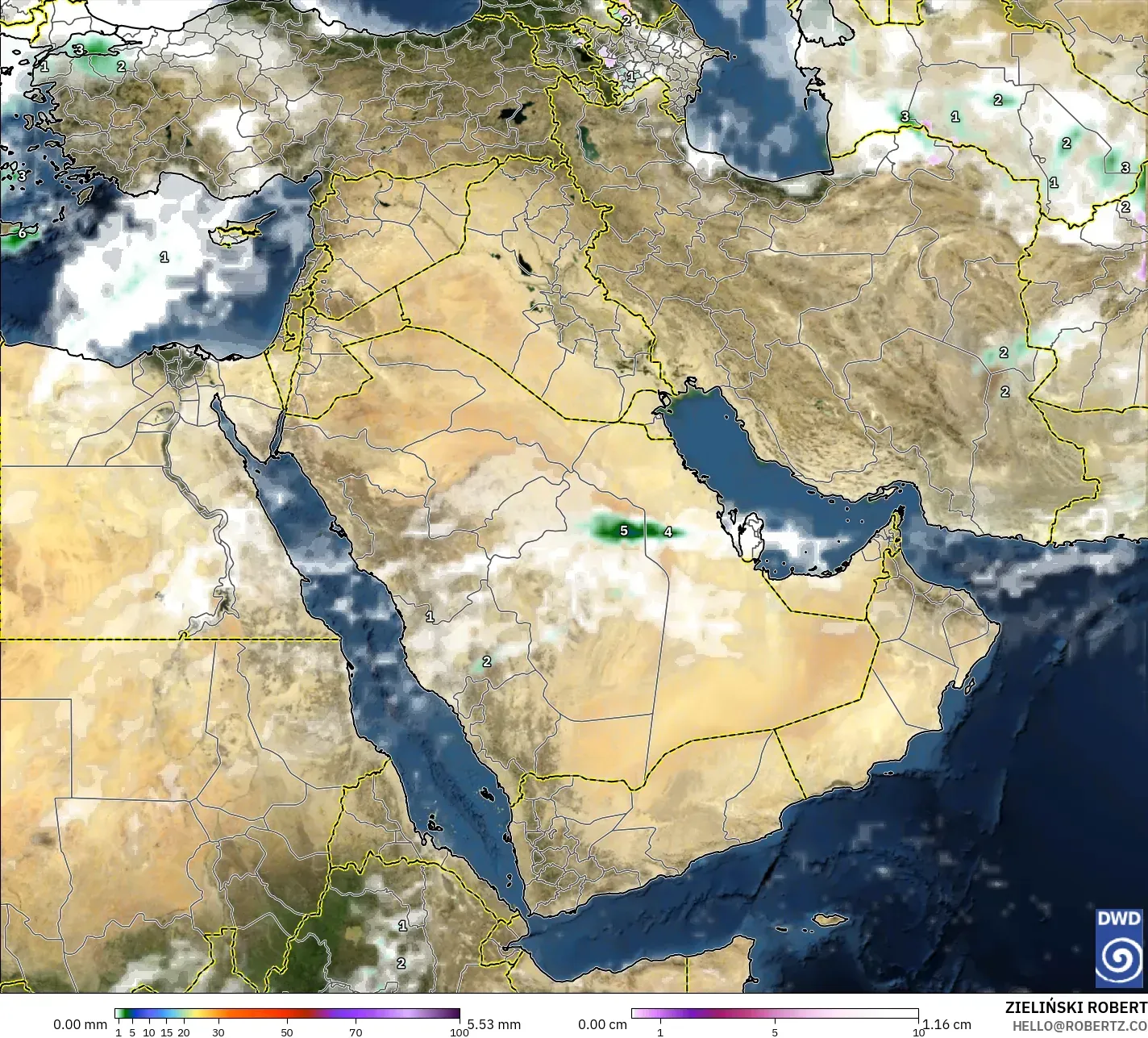 ICON model - Middle East, Precipitation, Clouds, and Pressure