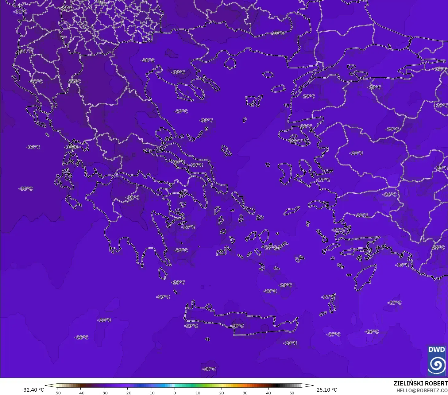 ICON model - Greece, Temperature at 500hPa