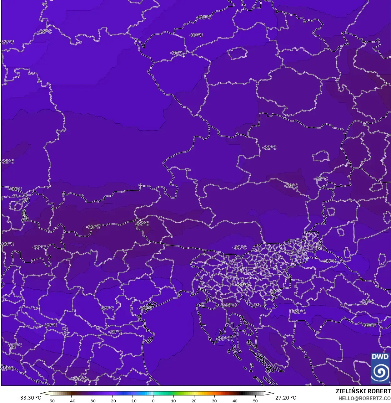 ICON model - Austria, Temperature at 500hPa