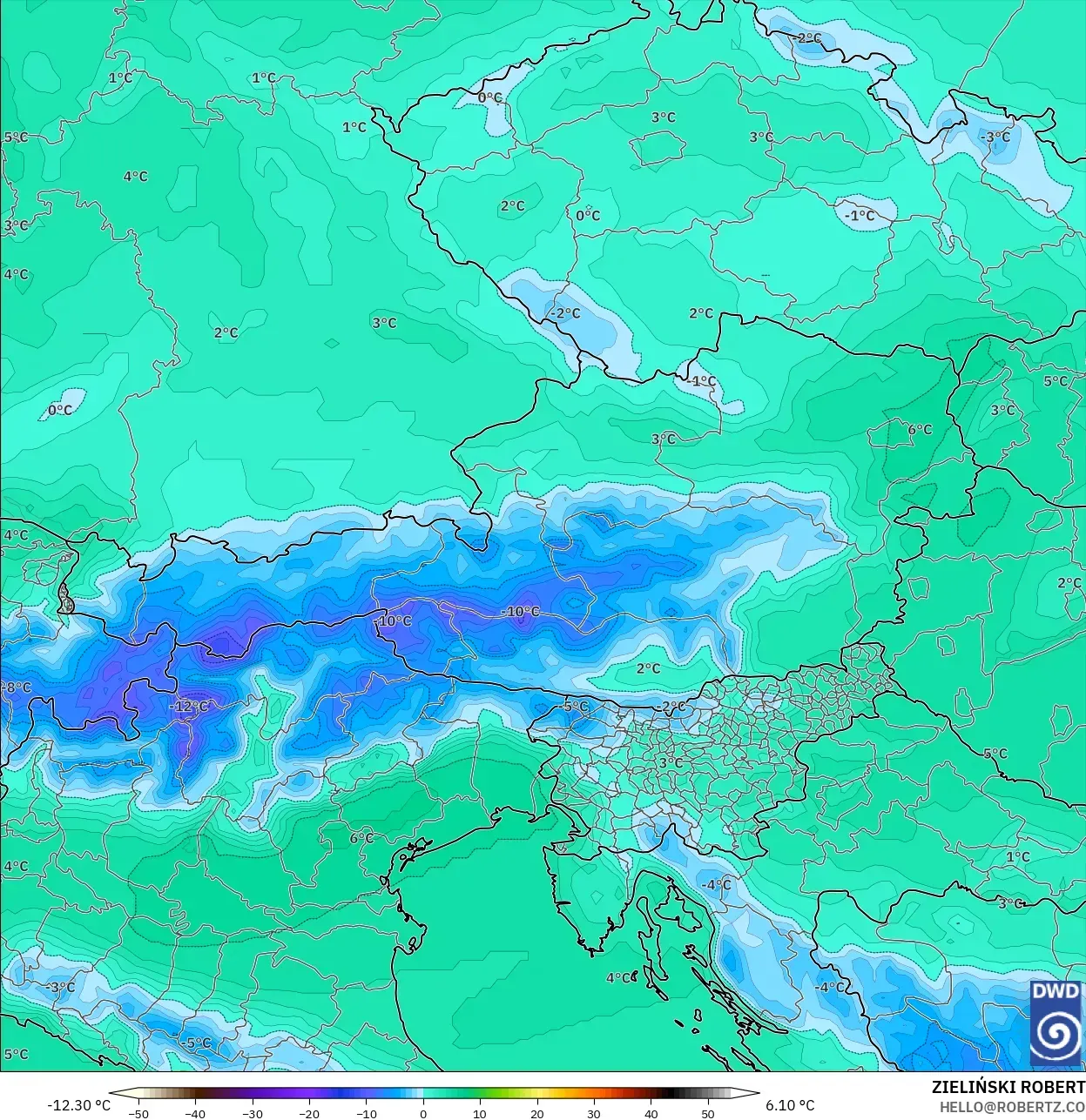 ICON model - Austria, Temperature at 850hPa