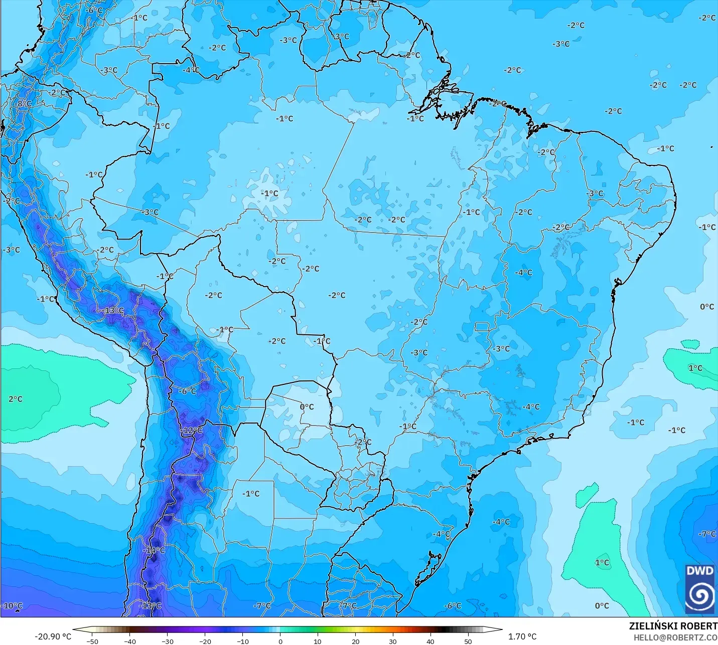 ICON model - Brazil, Temperature at 500hPa