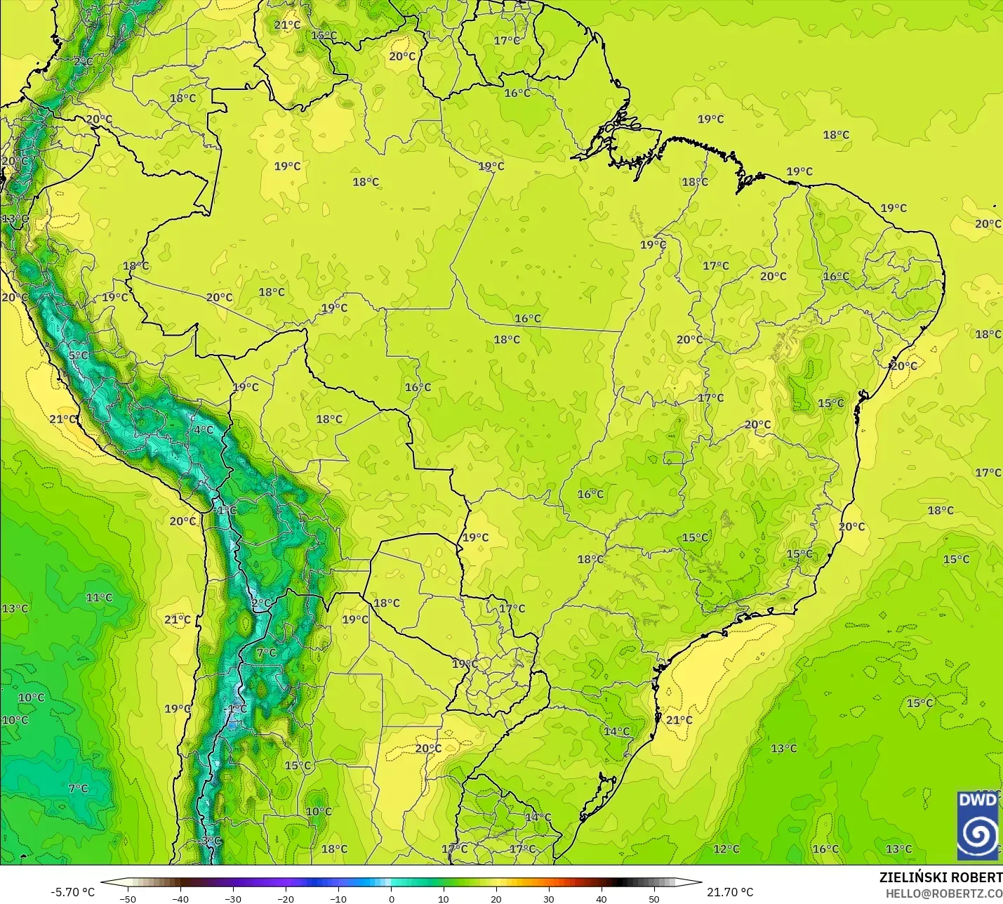 ICON model - Brazil, Temperature at 850hPa