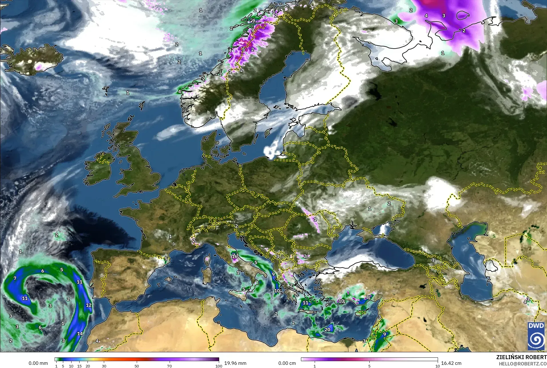 ICON model - Europe, Precipitation, Clouds, and Pressure