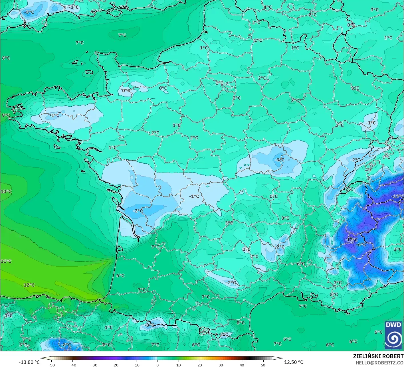 ICON model - France, Dewpoint at 2m