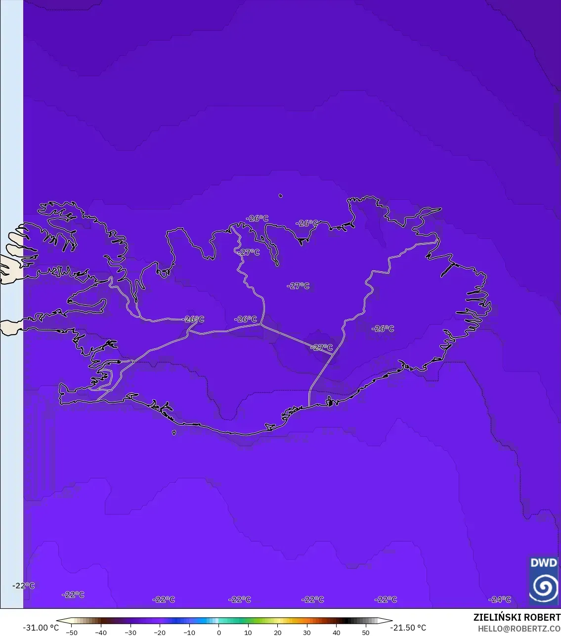 ICON model - Iceland, Temperature at 500hPa