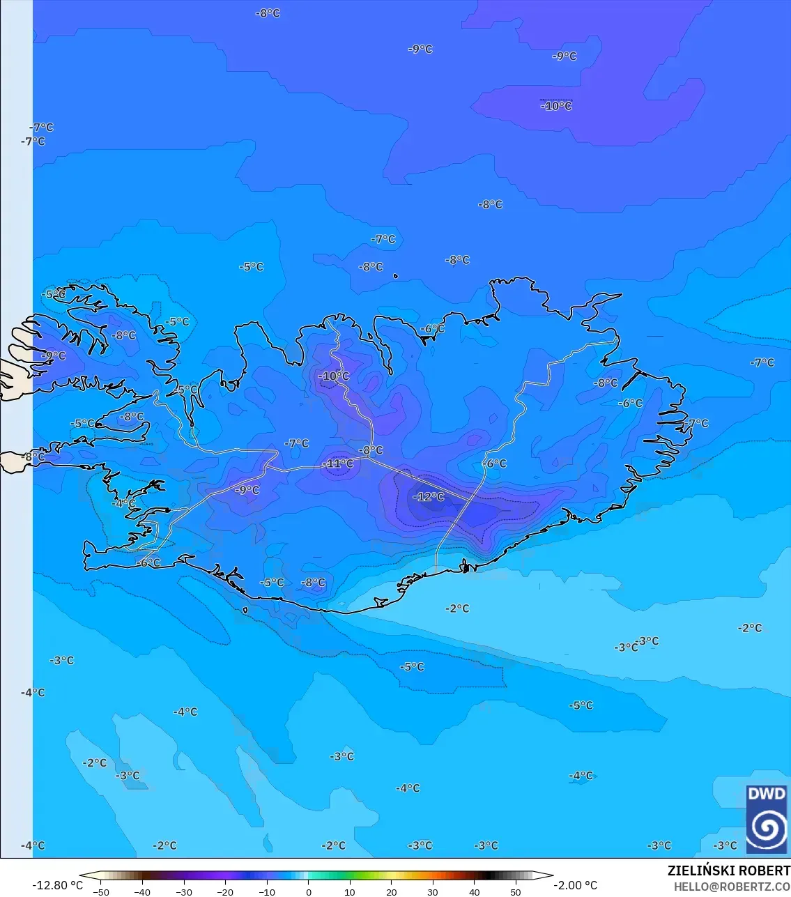 ICON model - Iceland, Temperature at 850hPa