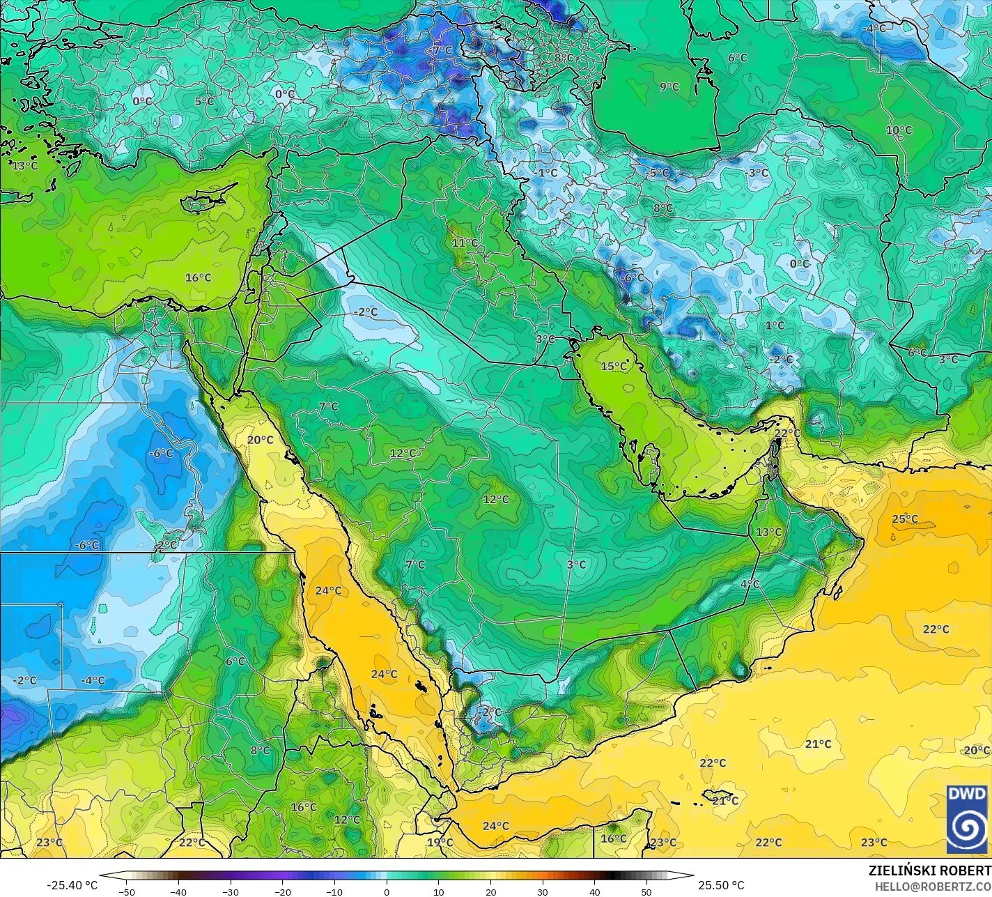 ICON model - Middle East, Dewpoint at 2m