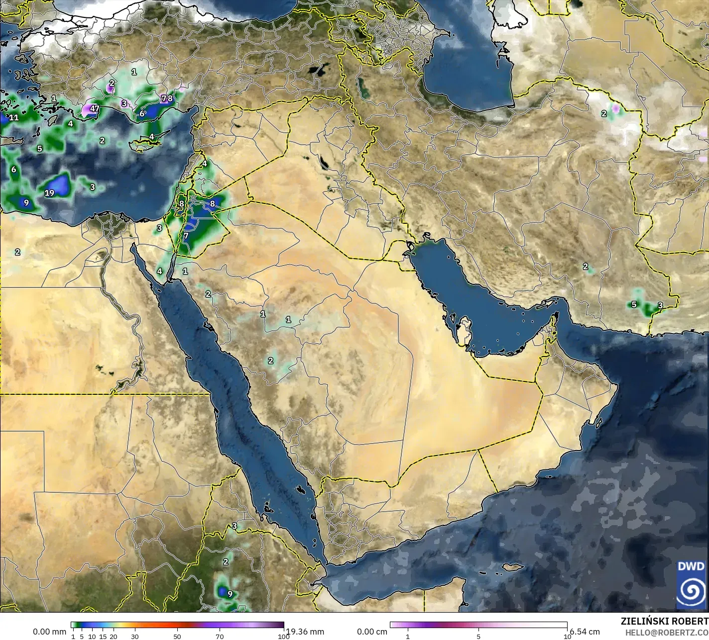 ICON model - Middle East, Precipitation, Clouds, and Pressure
