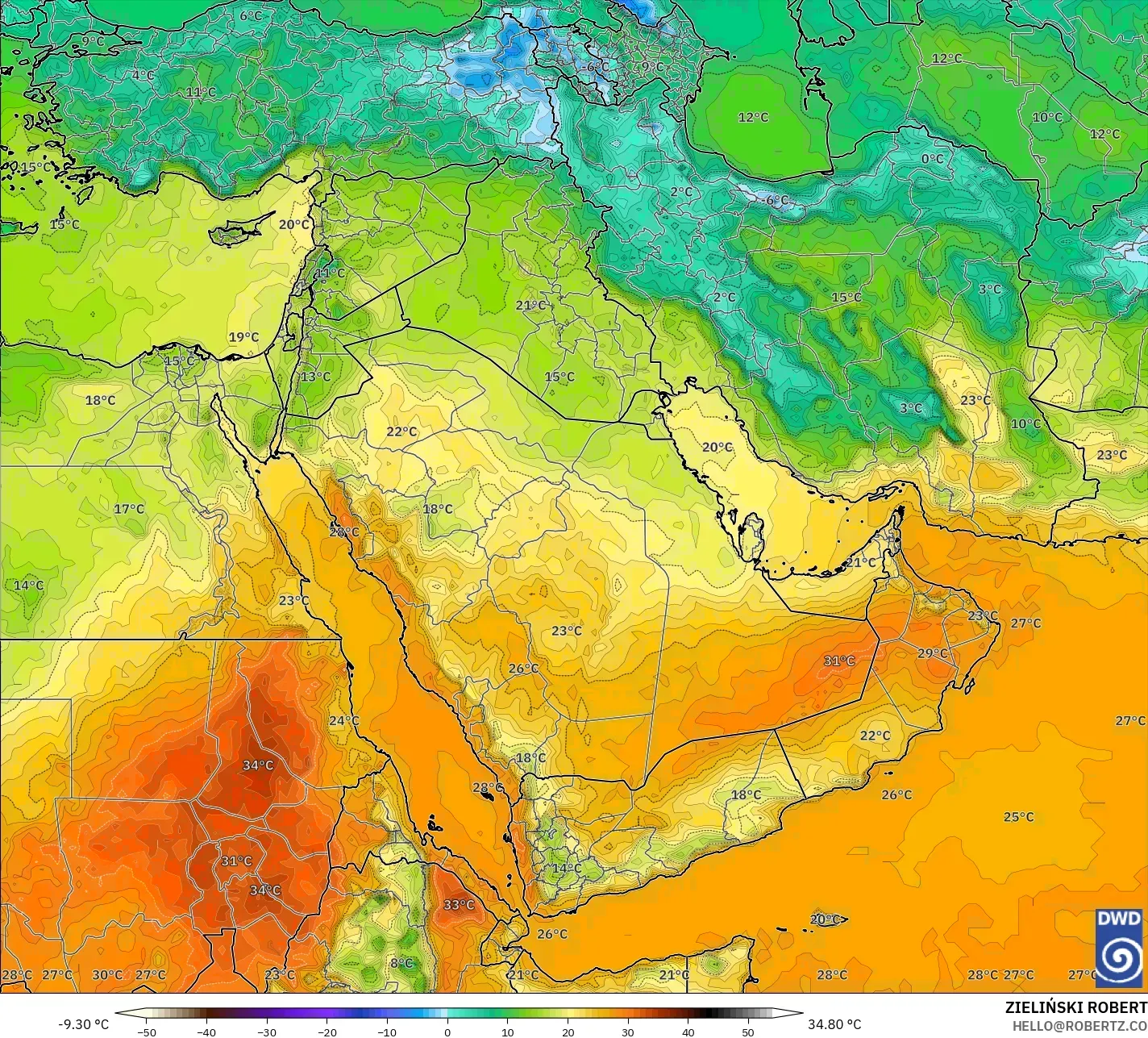ICON model - Middle East, Temperature at 2m
