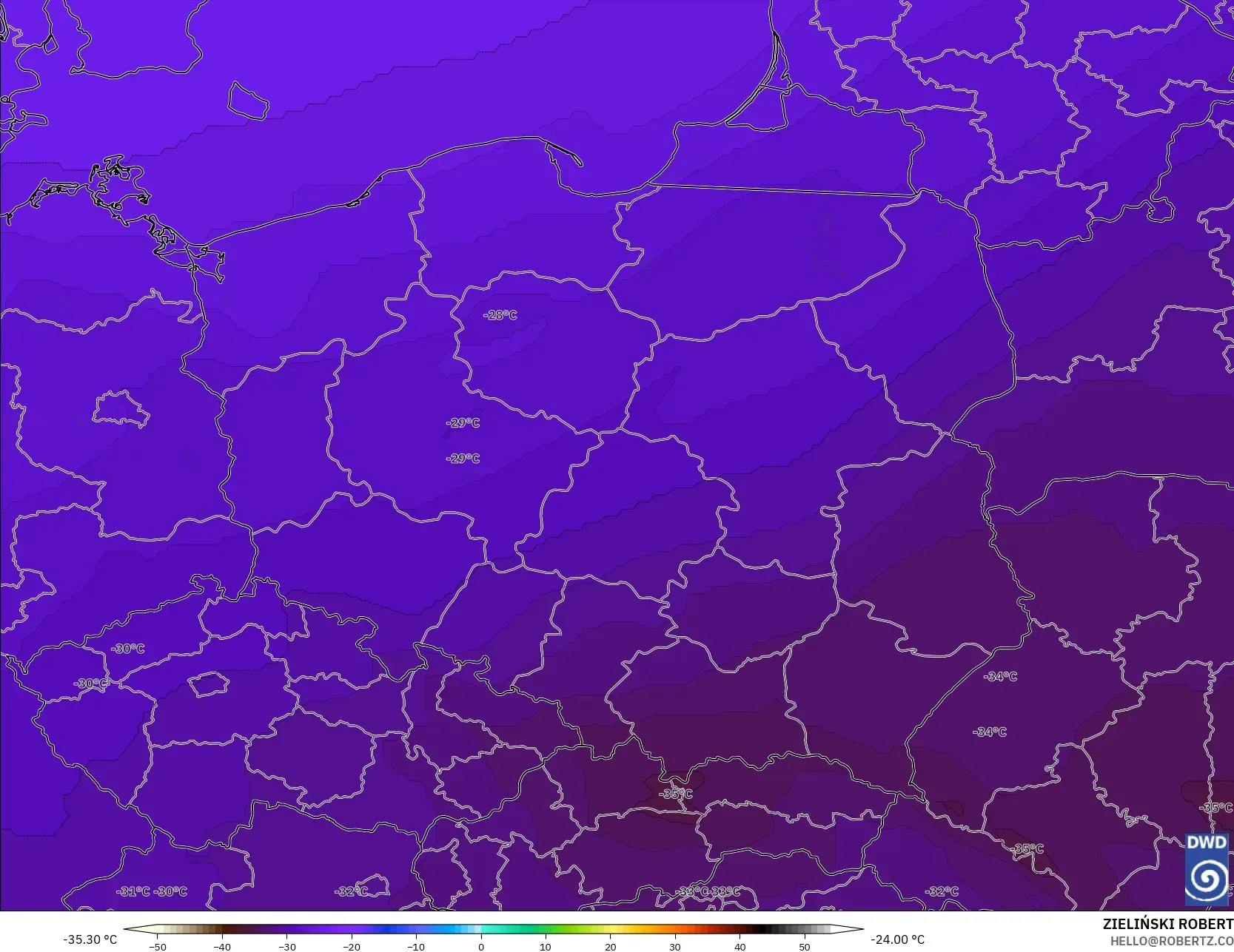 ICON model - Poland, Temperature at 500hPa