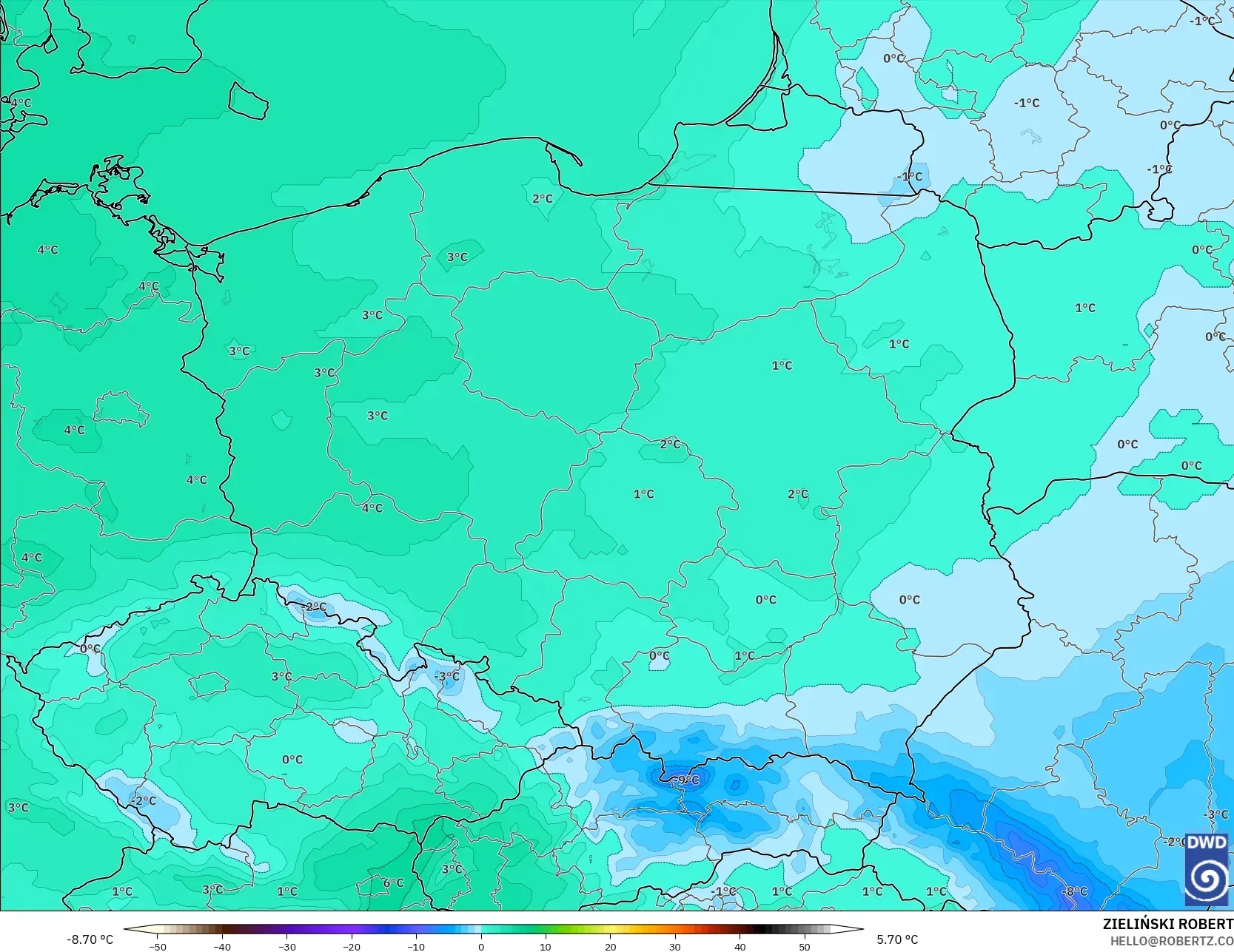 ICON model - Poland, Temperature at 850hPa
