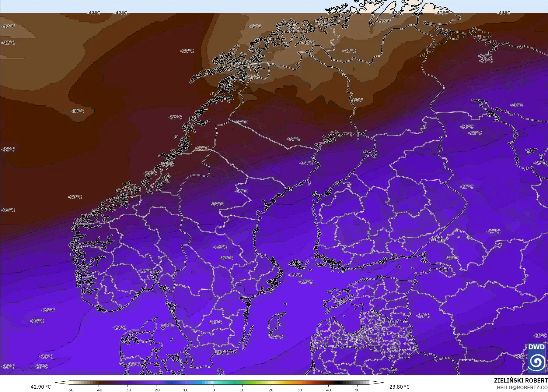 ICON model - Scandinavia, Temperature at 500hPa