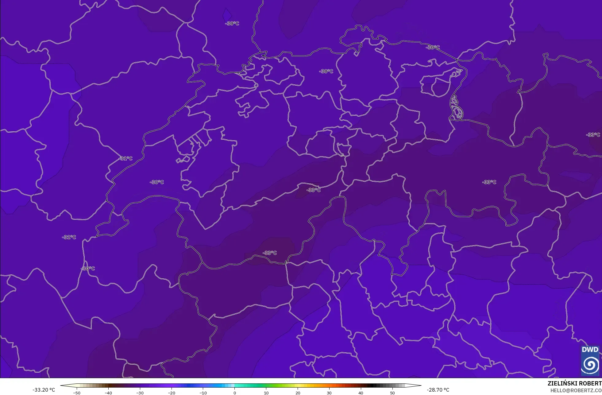 ICON model - Switzerland, Temperature at 500hPa