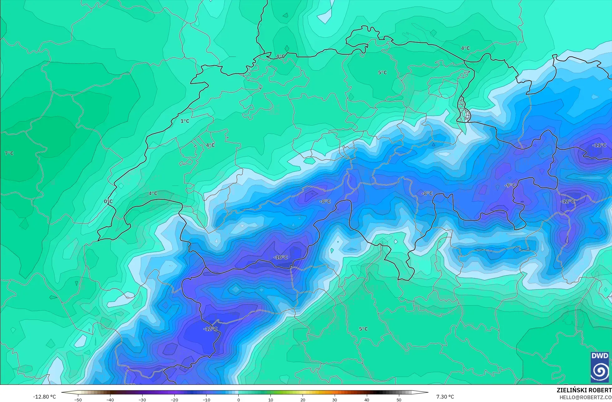 ICON model - Switzerland, Temperature at 850hPa