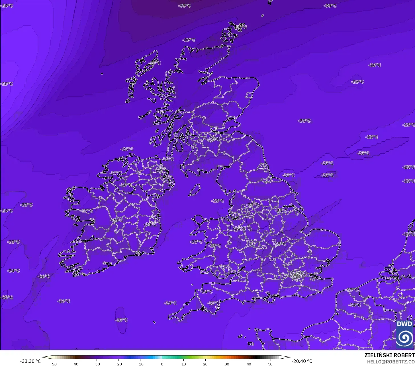 ICON model - United Kingdom, Temperature at 500hPa