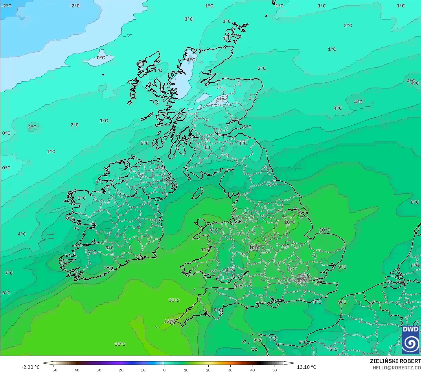 ICON model - United Kingdom, Temperature at 850hPa