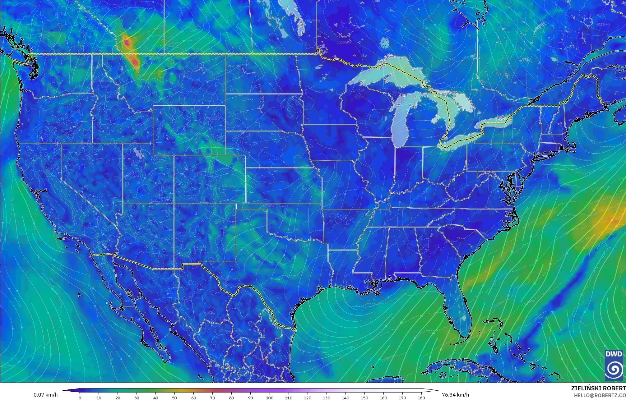 ICON model - United States, Wind at 10m