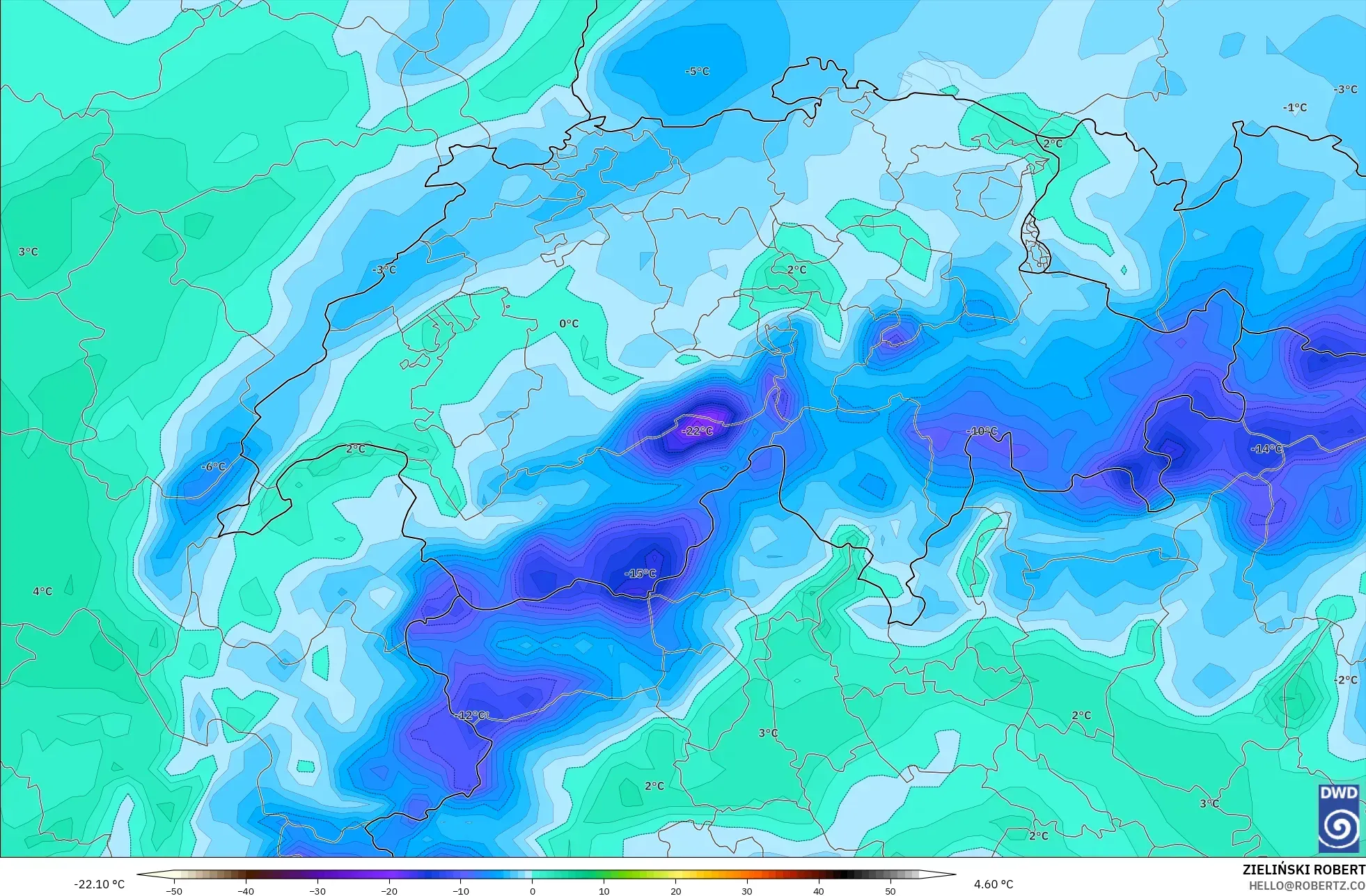 ICON model - Switzerland, Dewpoint at 2m