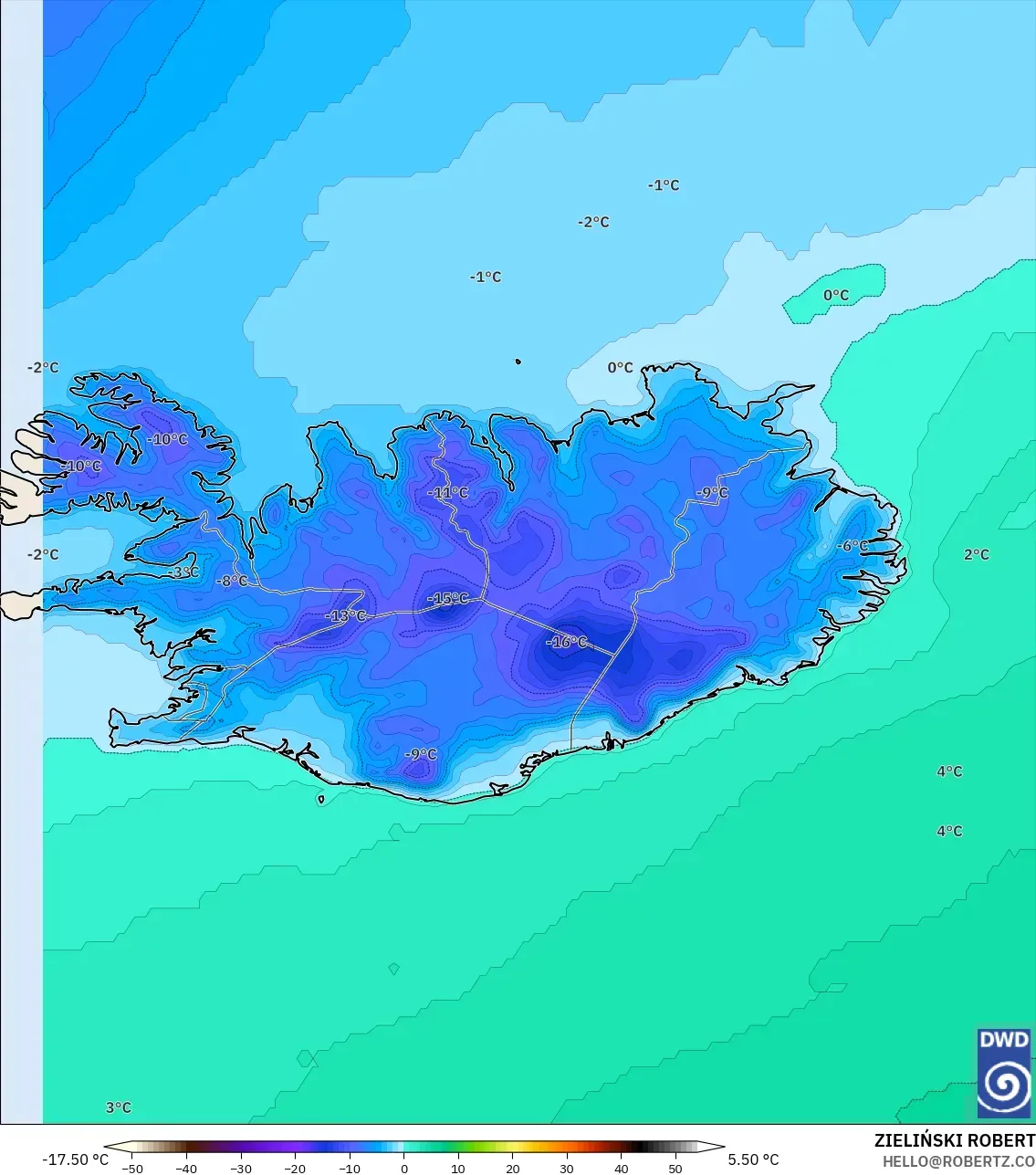 ICON model - Iceland, Temperature at 2m