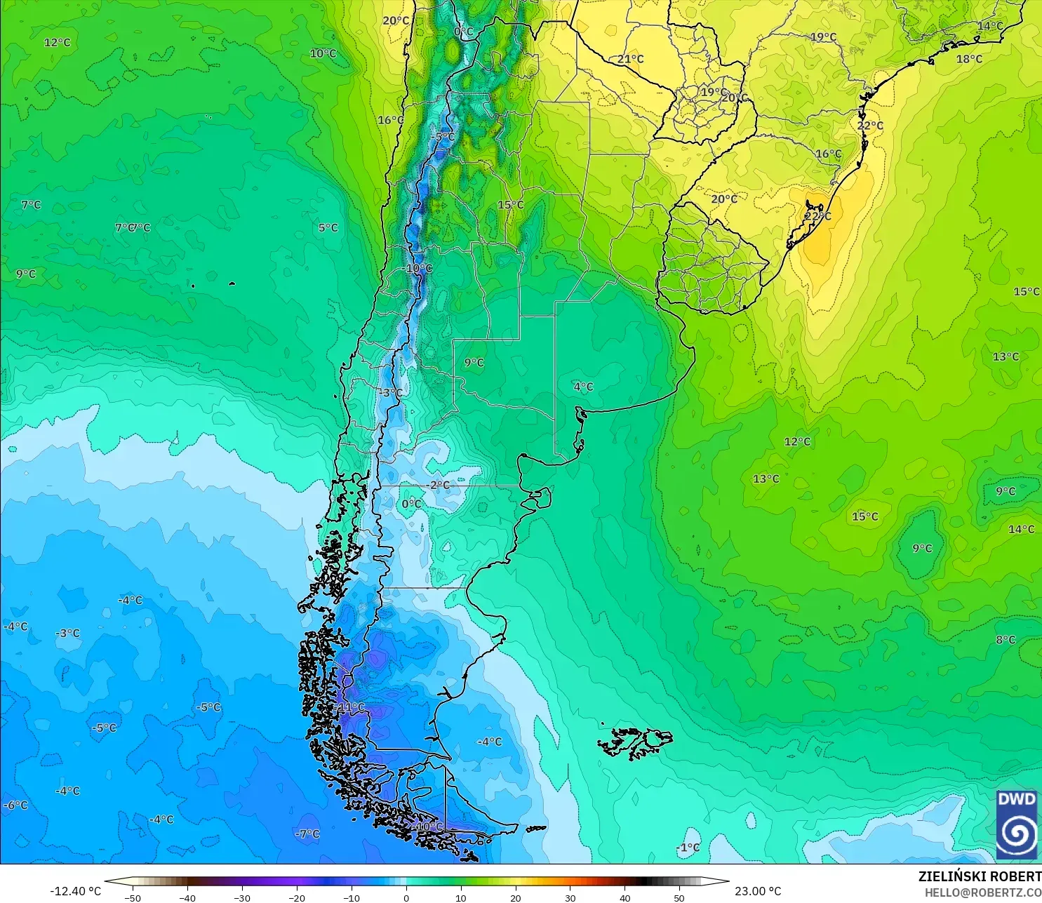 ICON model - Argentina, Temperature at 850hPa