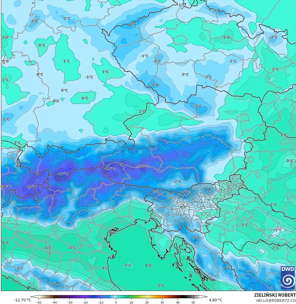 ICON model - Austria, Temperature at 850hPa