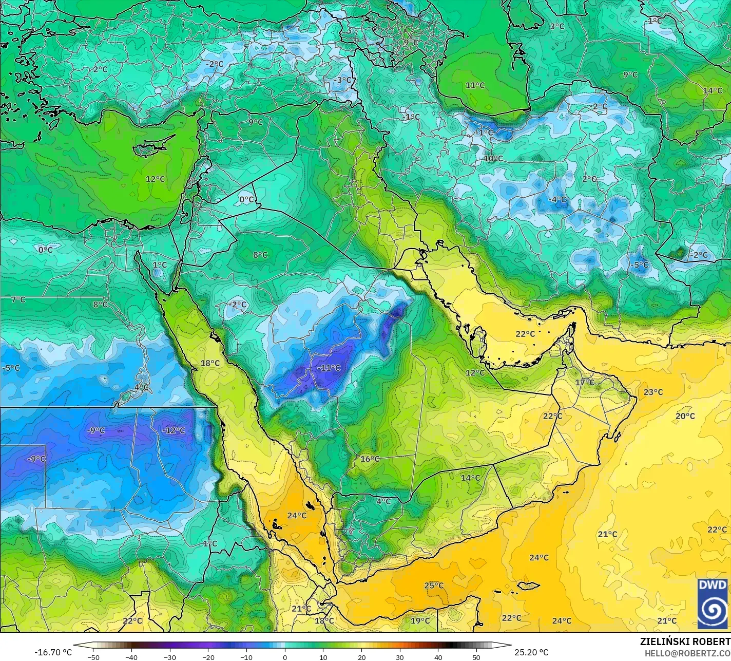 ICON model - Middle East, Dewpoint at 2m