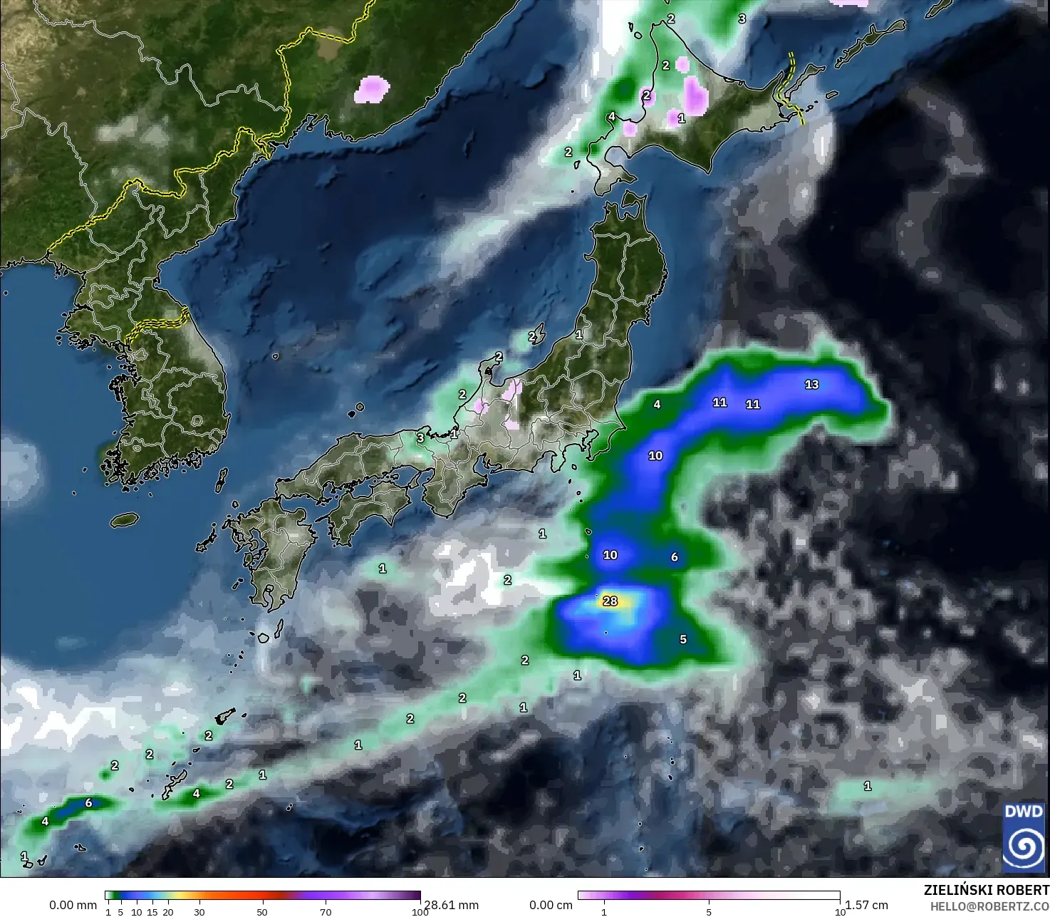 ICON model - Japan, Precipitation, Clouds, and Pressure