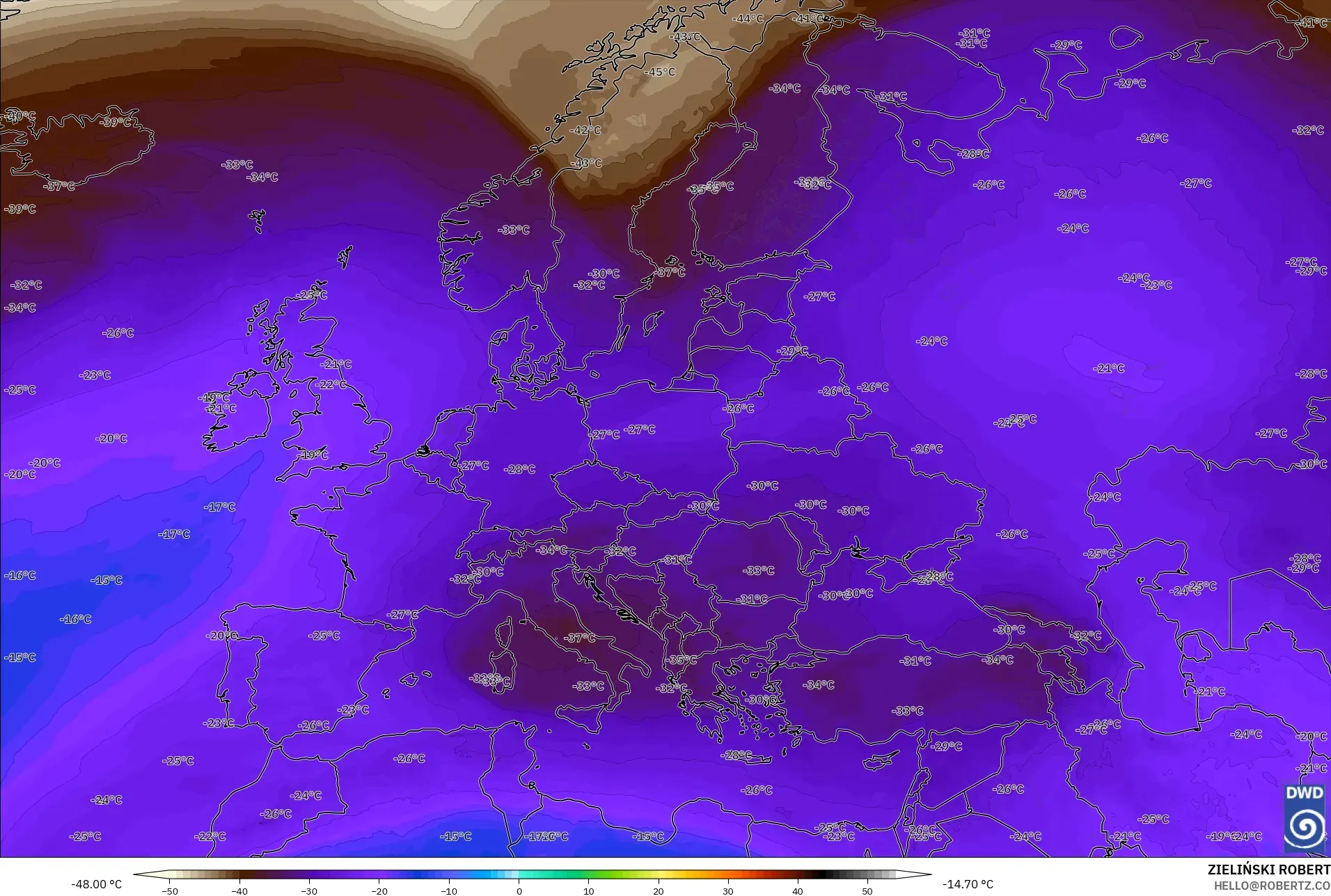 ICON model - Europe, Temperature at 500hPa